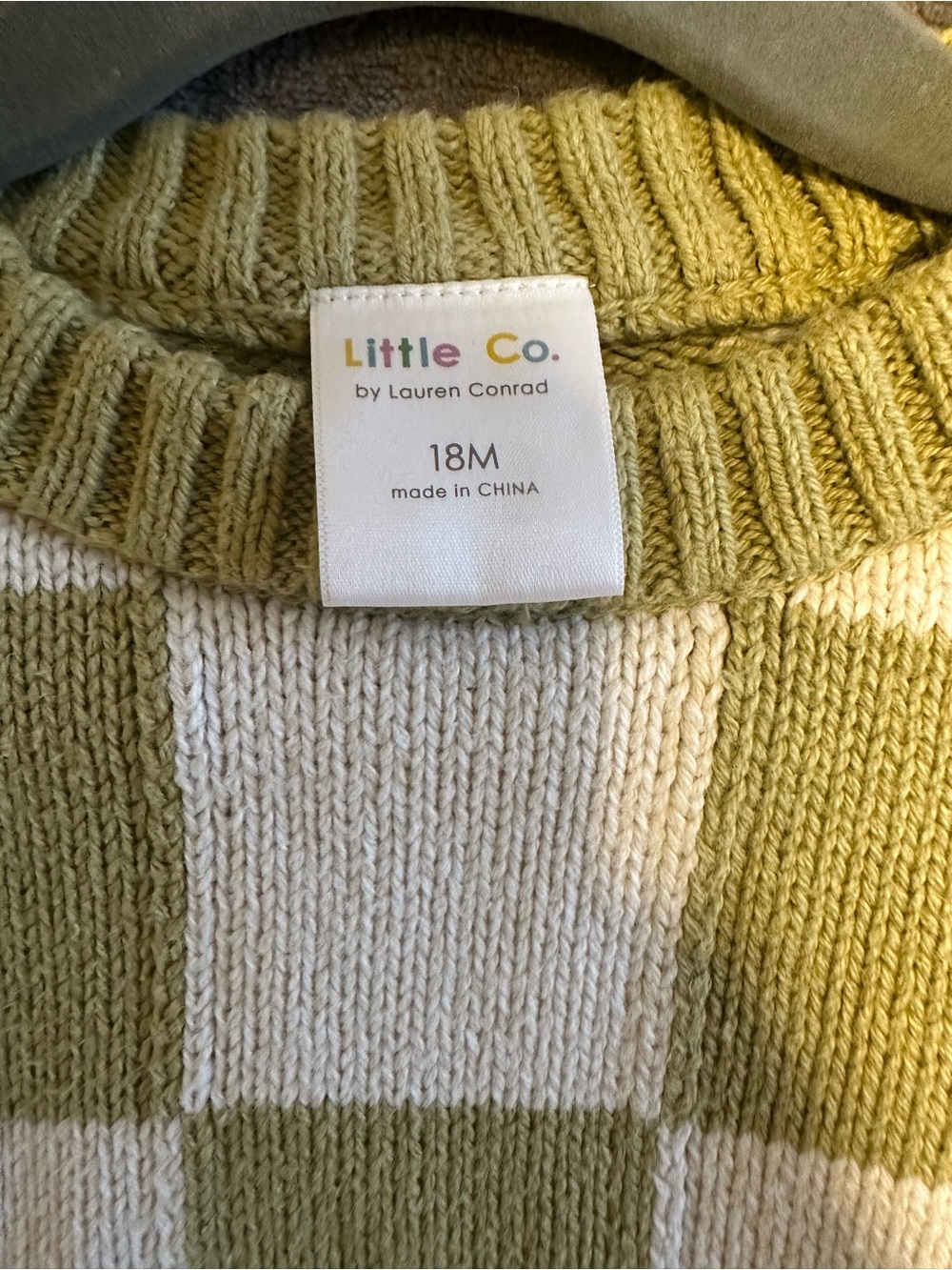 Oversized Little Co Olive and Cream Checkered Knit Sweater - 18M - Picture 5 of 5